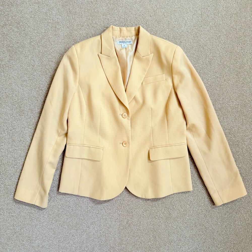 Vintage Pendleton Peak Lapel Butter Yellow Blazer Suit Jacket Size 8 Petite Wool - Picture 1 of 8